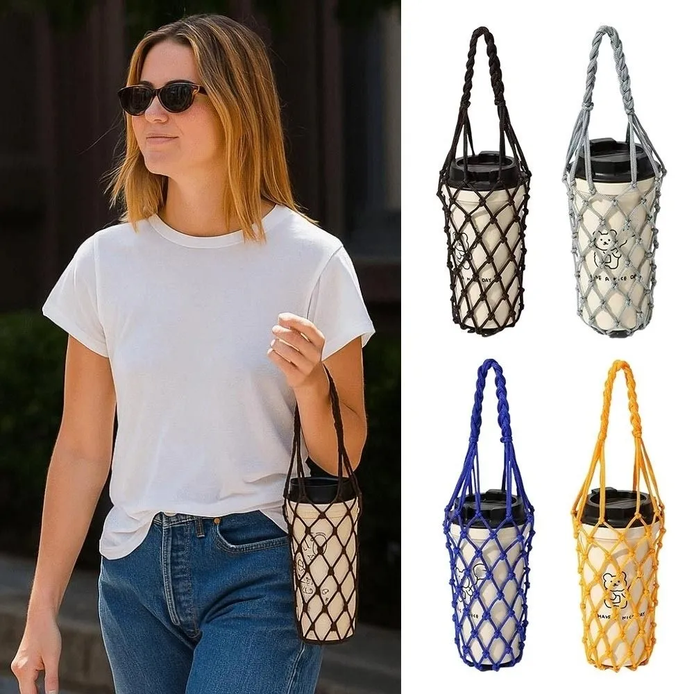 

Portable Hand Woven Mesh Bag Reusable Handheld Water Cup Bag Hollow Out Coffee Bag