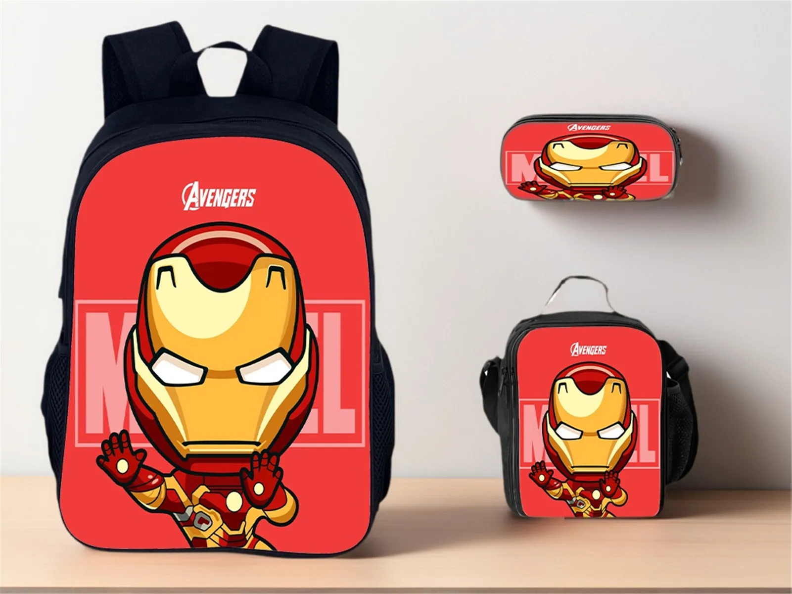 

Durable Iron Man Backpack+Waterproof Lunch Bag+Pen Box 3 Pcs Set,Kid Child Back to School Knapsack 3 in 1 Student Book Bag Set