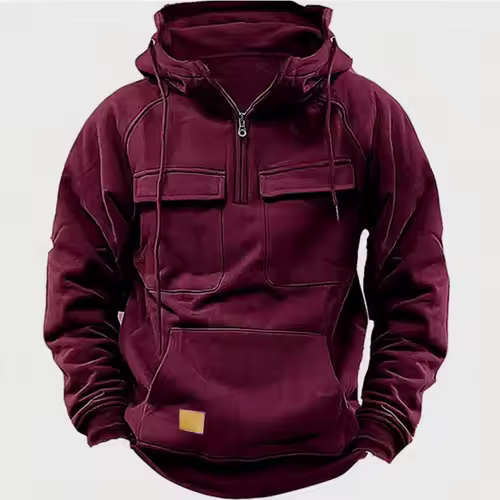 New autumn-winter men's hooded solid-color casual hoodie - fashionable young man's multi-pocket patch hoodie pullover shirt - Image 3
