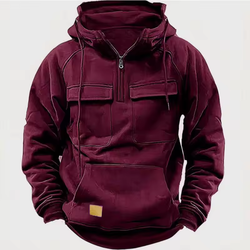 New autumn-winter men's hooded solid-color casual hoodie - fashionable young man's multi-pocket patch hoodie pullover shirt - Image 3