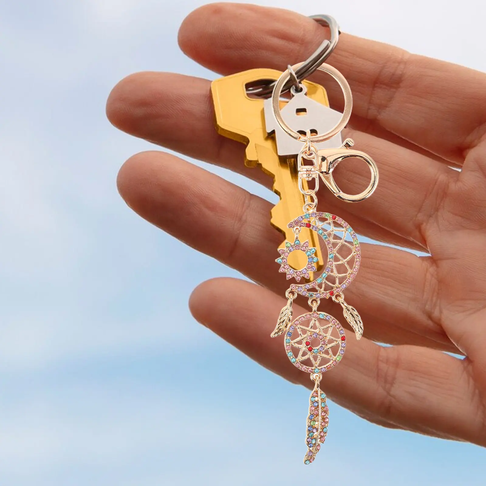 Dreamcatcher Keychain Bohemian Rhinestone Moon Mini Dreamcatcher Bag Charm Good Luck Car Pendant Rearview Mirror Charm