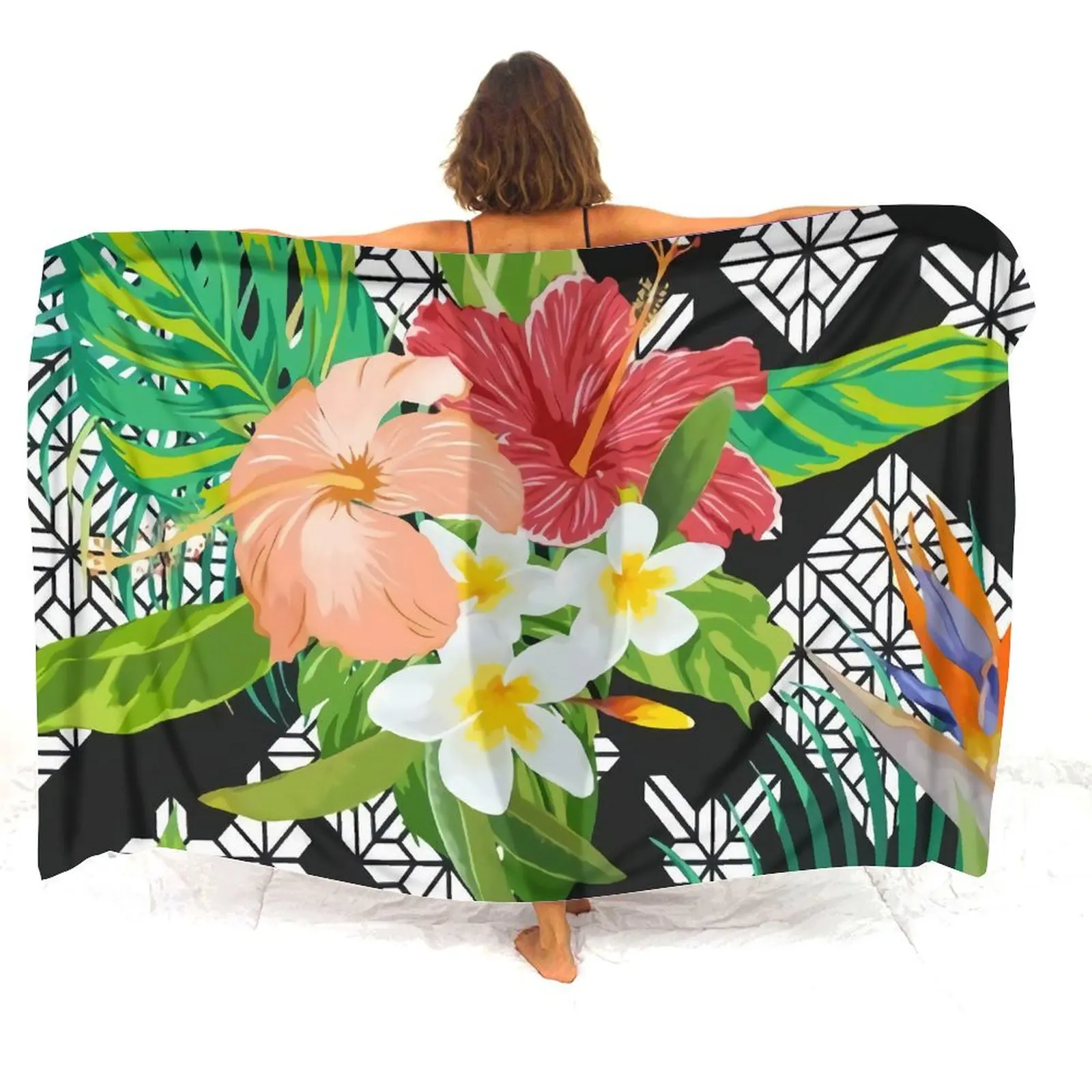 Hibiscus Flower Custom Polynesian Tribal Design Print Sarong Seaside Holiday Women Wrap Sarong One-Piece Shawl Coat Soft Summer