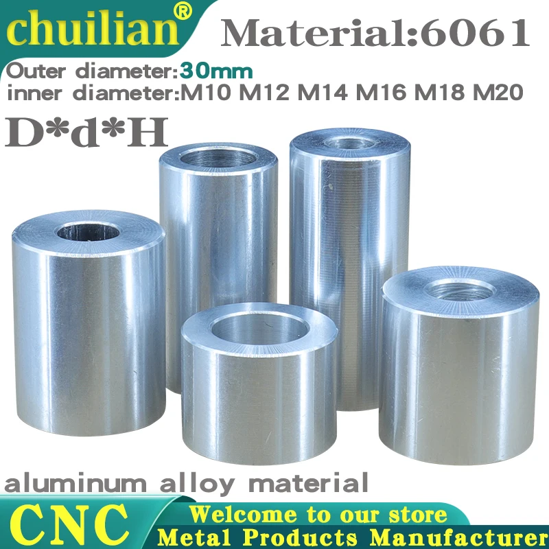 Diameter 30mm M10 M12 M14 M16 M18 M20 Aluminum Bushing Washer Gasket Round Hollow No Thread Standoff Spacer Thickness 2/8/10/50m
