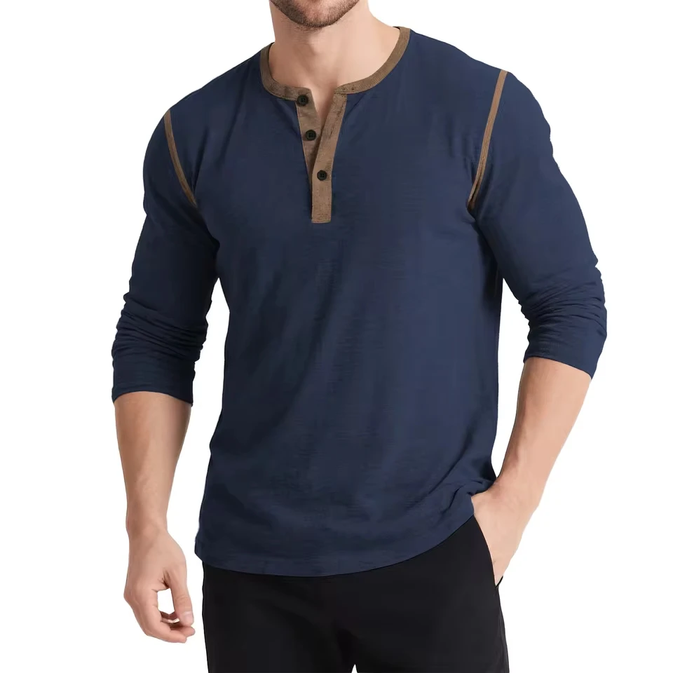 

Men's Autumn And Winter Long Sleeve Henley Shirt Men's Retro T-Shirt Three Buttons Color Matching Henleys