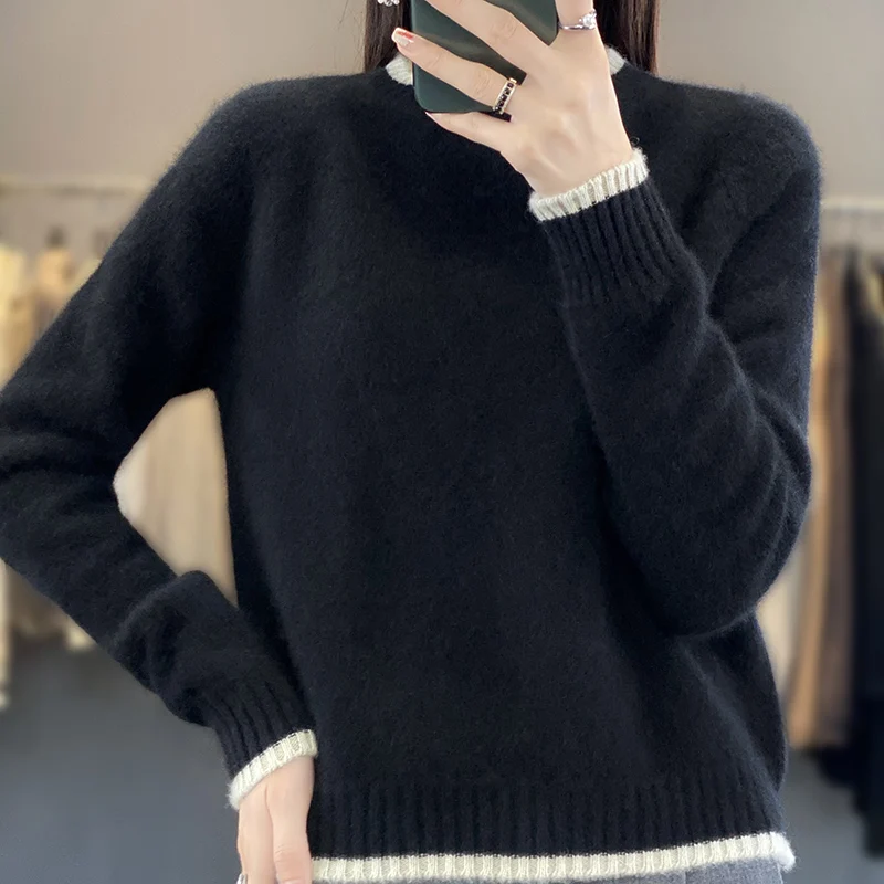 Sweter Wol Merino 100% Warna Solid Musim Gugur Musim Dingin Mode Atasan Pakaian Santai Klasik Kasmir Pulover Lengan Panjang Leher-o