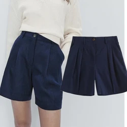 Maxdutti Indie Folk Linen Bermuda High  Shorts Women Wasit Navyr Colo England Fashion Casual Straight