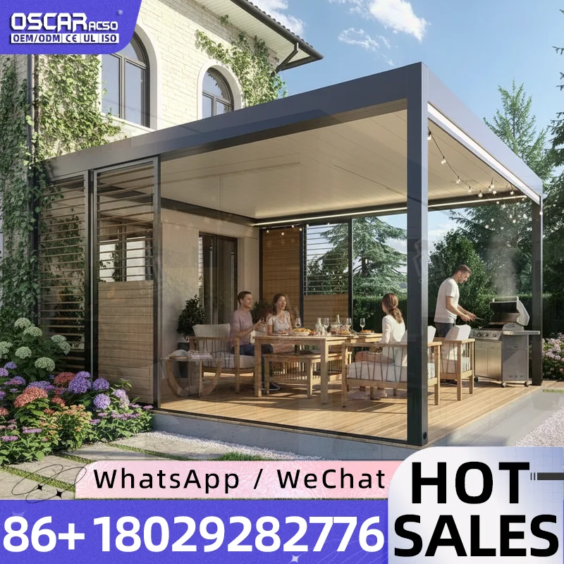 Heavy Duty Aluminum Pergola Cabana Large Outdoor Double Roof Waterproof LED Lights Curtains Netting Backyard Patio Garden Weddin