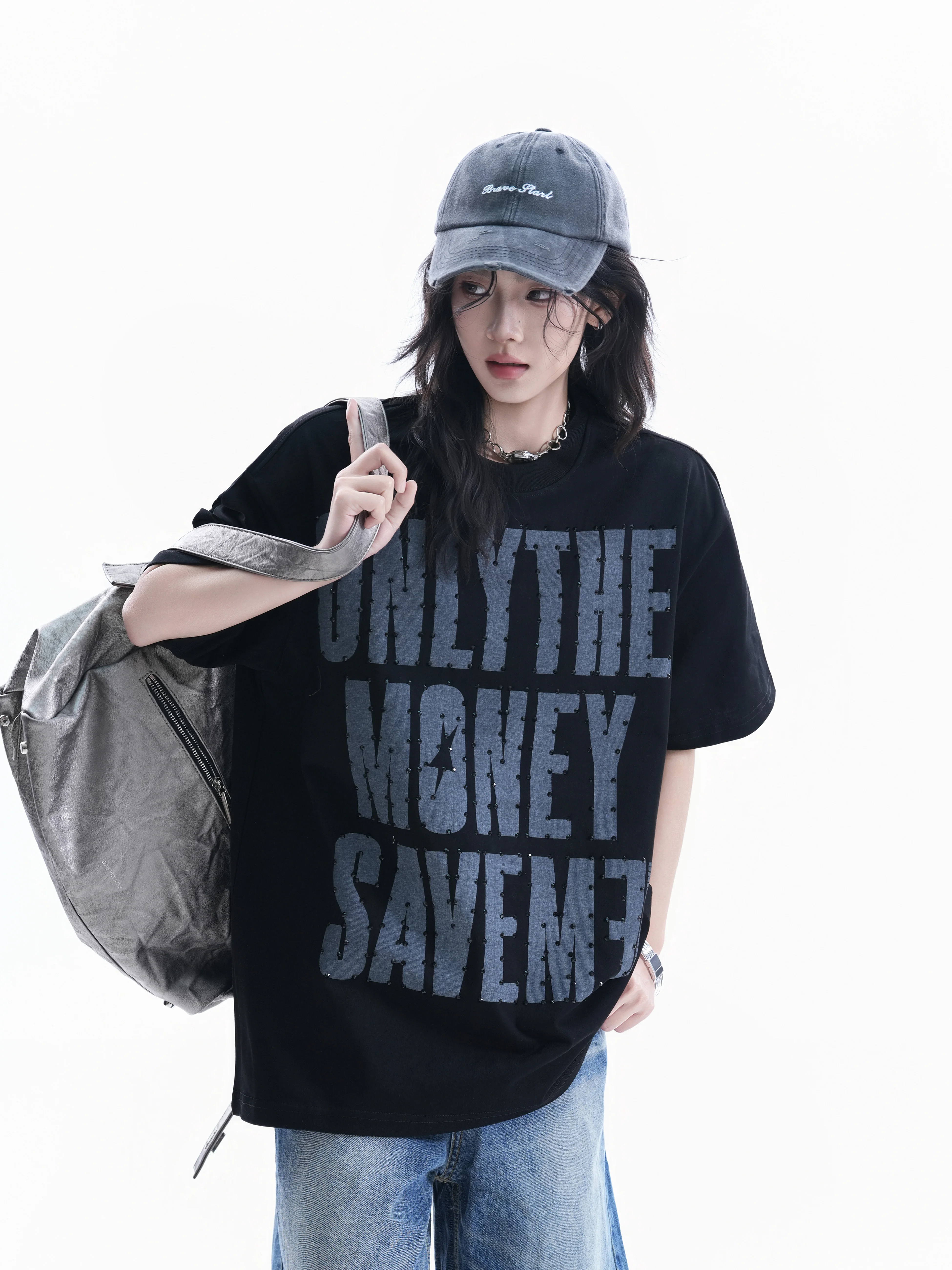 

Retro American Diamond Embedded Letter Print Short Sleeve T-Shirt Women Loose High Street INS Couple Tops Cotton Casual Tee