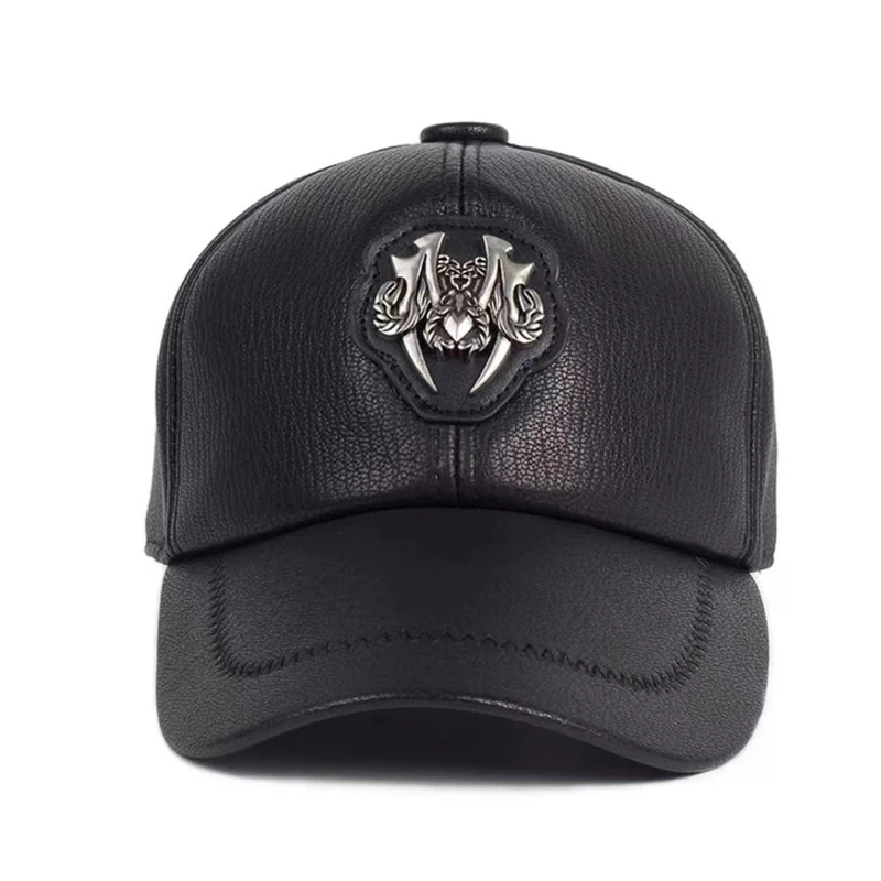 

Men's Fashionable Sheepskin Kpop Baseball Cap Youth Metal Badge Leisure Genuine Leather Hat Male Outdoor Motorcycle Hockey Bone