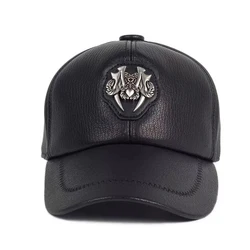 Men's Fashionable Sheepskin Kpop Baseball Cap Youth Metal Badge Leisure Genuine Leather Hat Male Outdoor Motorcycle Hockey Bone