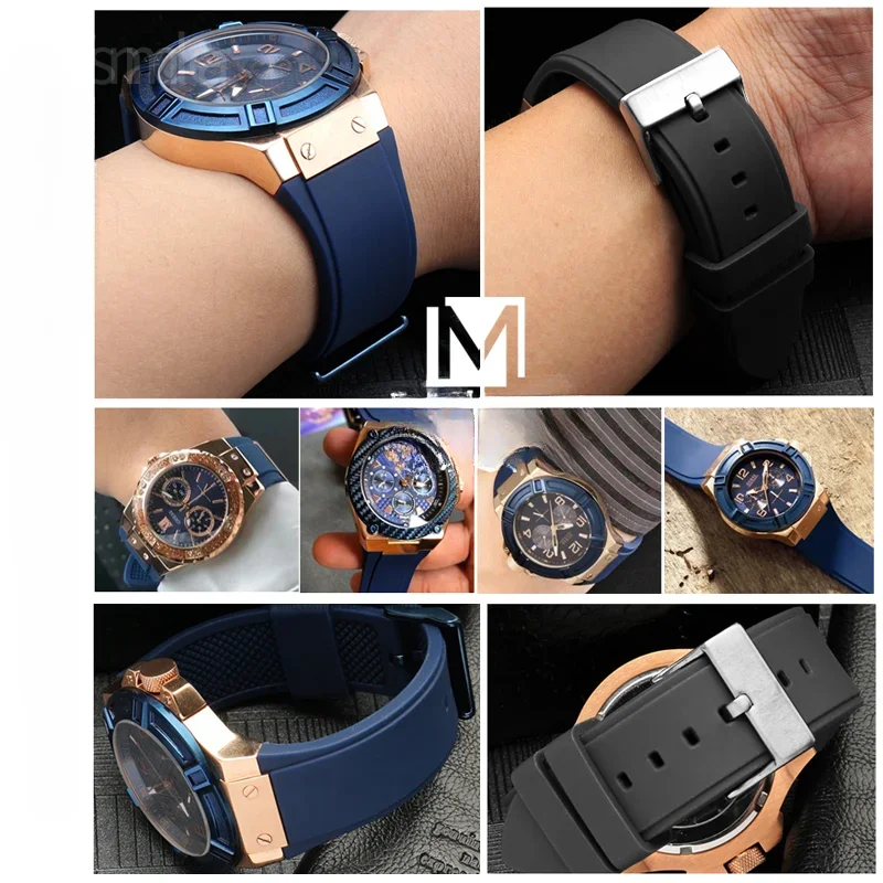 Blue High Quality Solid Stainless Steel Buckle for Guess W0247g3 0040g3 1049g2 Sports Silicone Convex Interface Watch Strap