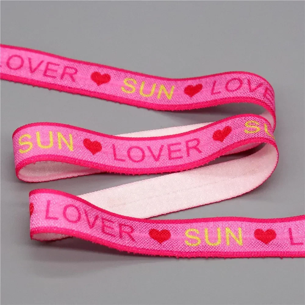 DHK 5/8\'\' 5yards Love Sun Hope Friend Printed Fold Elastic FOE Stretch Ribbon Accessories Craft DIY Sewing E2172