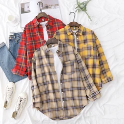 Casual Women's Plaid Shirt 2024 New Fine Female Long Sleeve Shirts & Blouses Ladies Loose Cotton Red Green Checked Tops Clothes