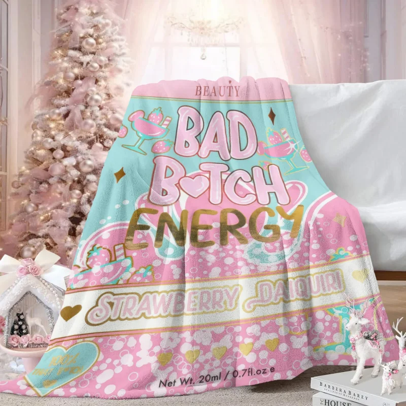 Bad Girl Energy Strawberry Flannel Blanket Aesthetic Pink Blue Soft Warm Office Nap Throw Sofa Bed cover for Girls Bedroom Dorm