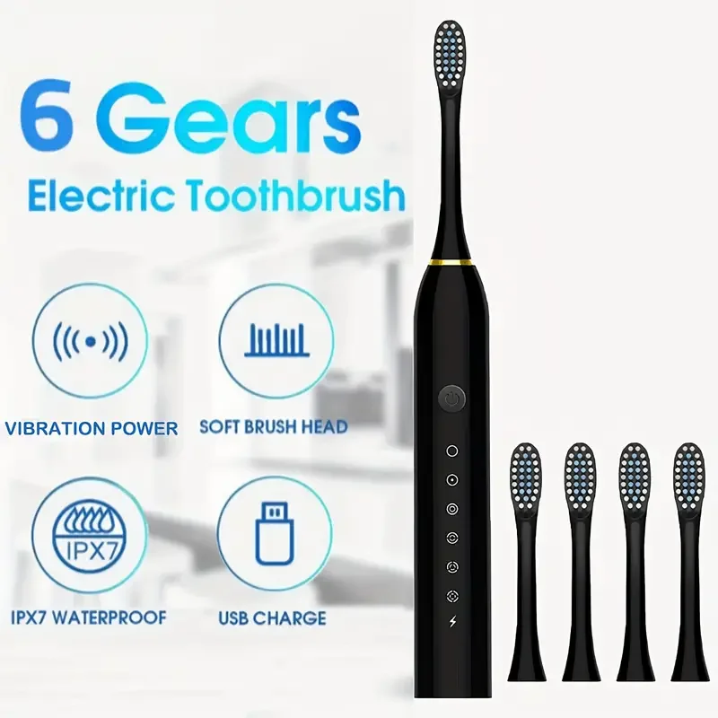 4 Brush-Head Electric Toothbrush for Adults - Rechargeable with 5 Cleaning Modes,Medium Firmness, Nylon Bristles, Waterproof