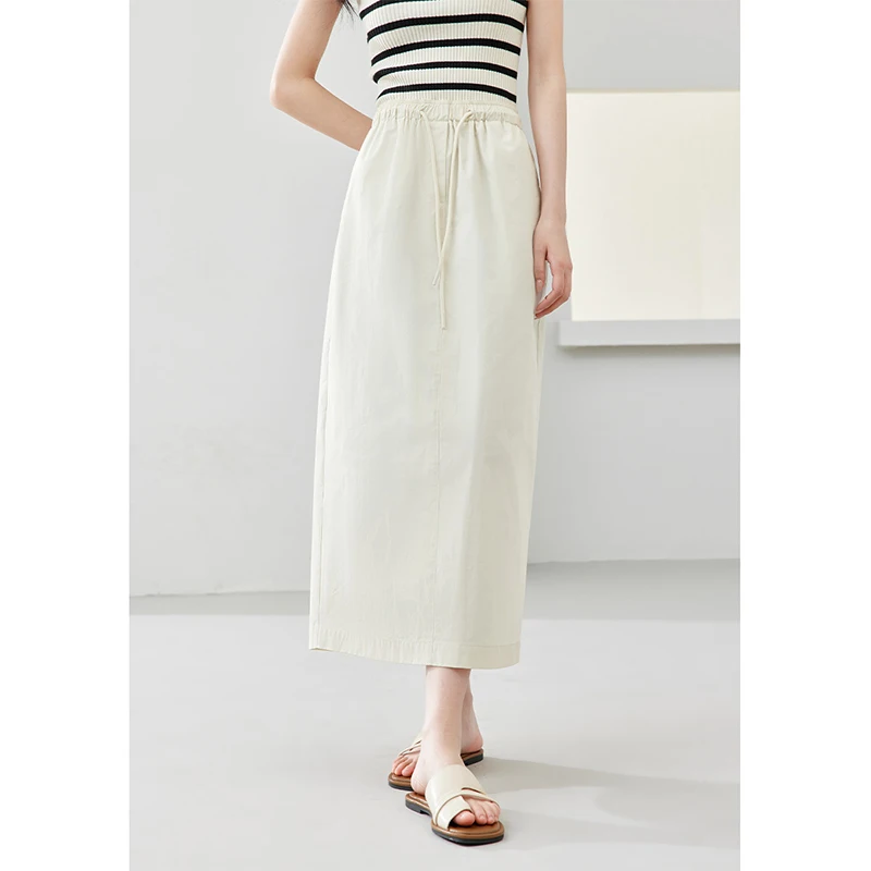 VIMLY Women Casual Office Lady Skirt 2024 Summer Elasticated Waist Solid Colour Versatile Straight Skirt M7037