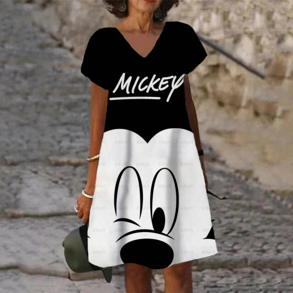 

Disney Mickey Mouse print Dresses For Women Casual Vintage Dress Female Fashion Short Sleeve Plus Size Dress 2024 Summer Clothe