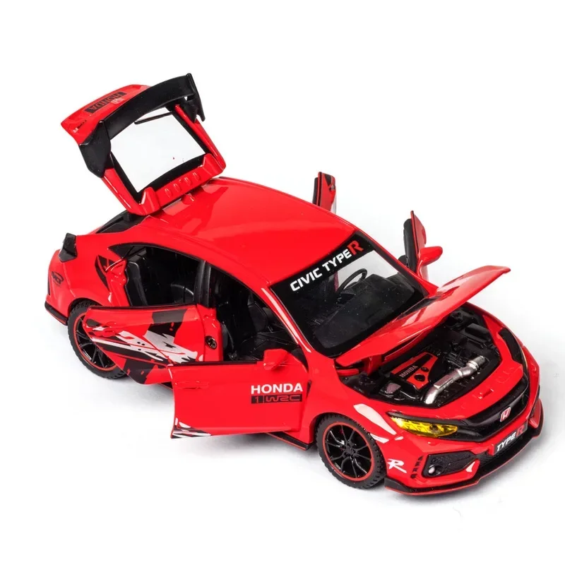 Coche de juguete HONDA CIVIC TYPE-R para niños, vehículo de Metal fundido a presión, modelo de coche de colección con luz de sonido, 1:32