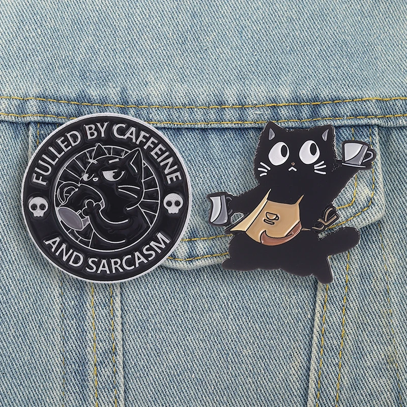 Pins de Esmalte de Gato Negro Barista, Broches y Insignias con Diseño de Gato de Dibujos Animados, Joyería de Animales, Regalo para Amigos, Inspirados en la Cafeína y el Sarcasmo