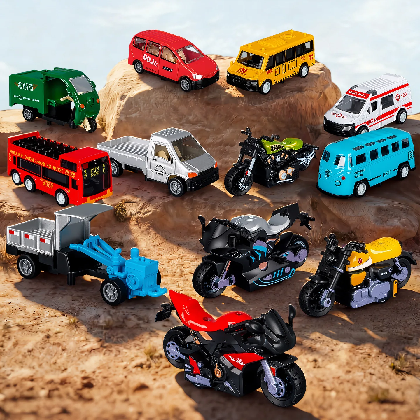 

1:64 Alloy Car Model Inertia Skidding Car Simulation Transporter/Motorcycle/Ambulance/Bus Pull Back Car Toy 3-6 Years Boy Gift