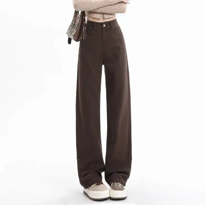 Women's American Vintage Coffee Brown Slim Straight Jeans High Waist Loose Slimming Casual Streetwear Spring Autumn New Arrival