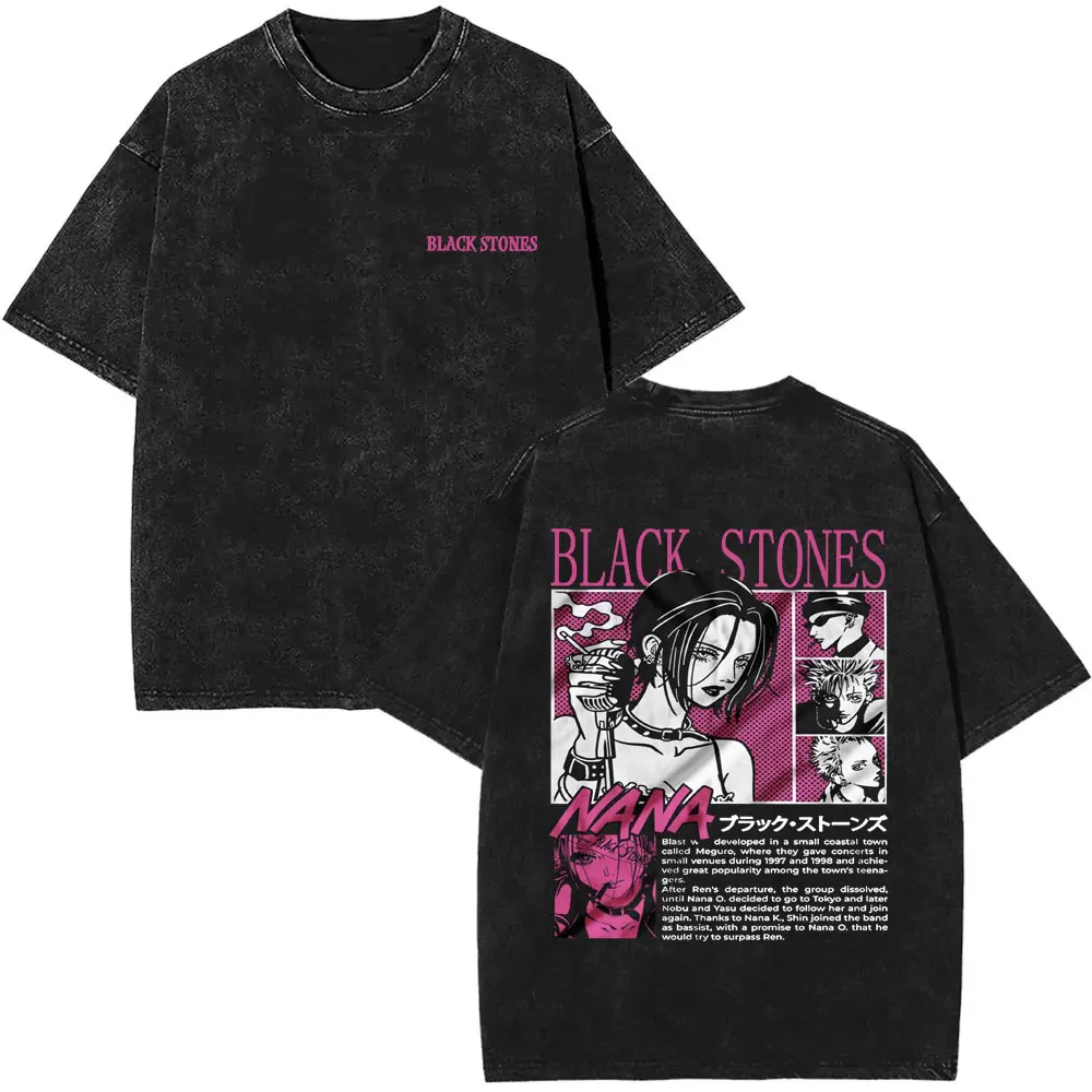 Anime Nana Osaki Vintage gewaschene T-Shirts Grunge Black Stones Y2k Streetwear Männer Frauen 90er Jahre Cartoon übergroße Kurzarm T-Shirt – Detail 28