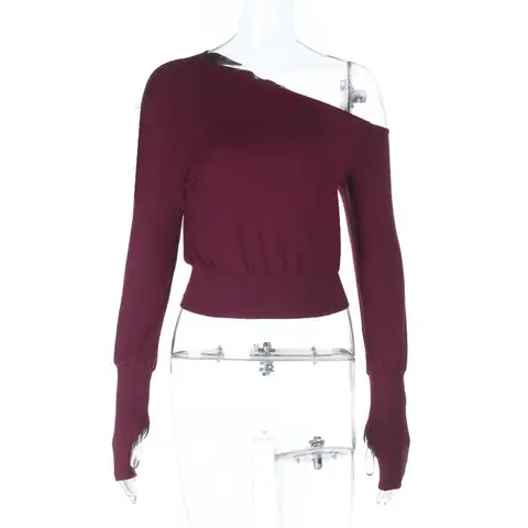 2025 Höst Dam Enfärgade Sned Krage T-shirts Gatumode Långa Handskar Ärmar Smal Mode Gatumode Nedsänkta Axlar T-shirts 8 best sales långärmad t-shirt med handskar - №2