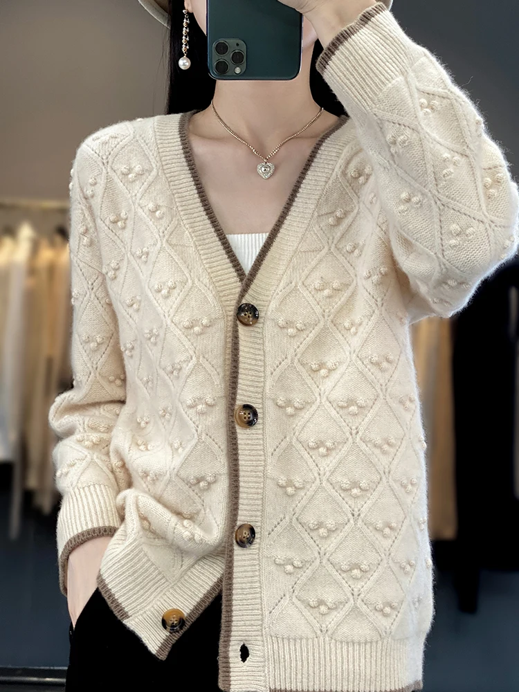 Women\'s Cardigan 100% Merino Wool Sweater Solid Long-Sleeved Female Fall Winter V-Neck Knitted Jacket Loose Soft Oversize Coat