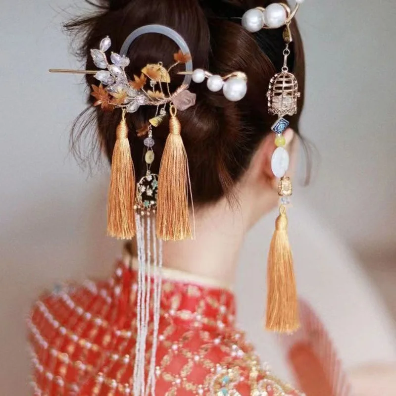 Stylish Traditional Chinese Hanfu Dress Hairpins Clips Long Tassel Back Hair Fork Sticks Headpieces  Bride Noiva Wedding Party