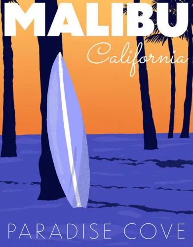 Малибу, Калифорния, райский чехол, одежда для серфинга, пляжный декор в стиле ретро, металлический жестяной знак