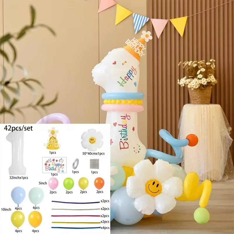 42pcs Daisy Flower Balloon Set 32inch 1-9 White Digital Balloon Tower For Kids Happy Birthday Party Decoration DIY Crafts Supply