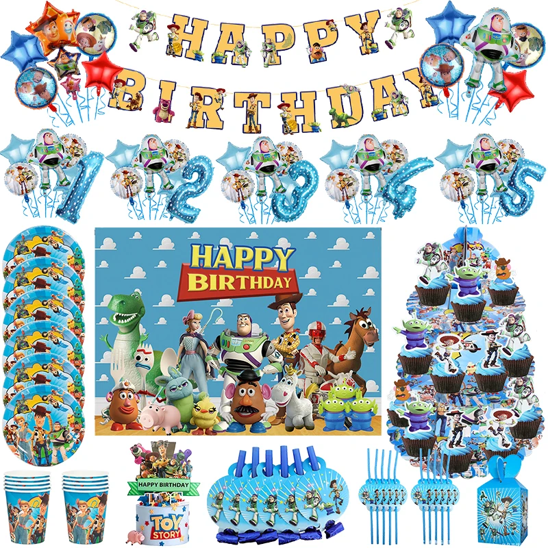 Disney Toy Story Birthday Decorations Disposable Tableware Set Balloons Cake Topper Buzz Lightyear Party Supplies Kids Boys Gift