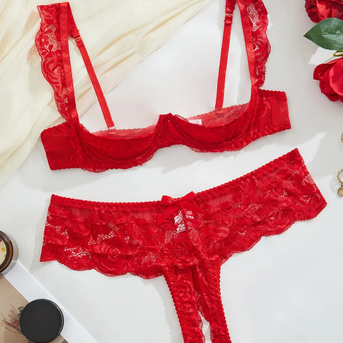 Valentine's Day French sweet two-piece set, red sexy women's half-exposed breast design open crotch panties, floral lace embroid - Image 2