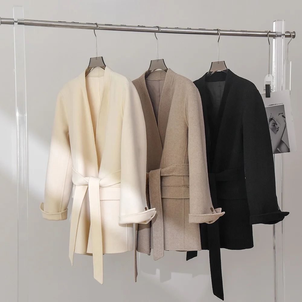 

Двустороннее шерстяное пальто с V-образным вырезом и разрезом на поясе для похудения, корейское пальто средней длины Pure Color Long Sve