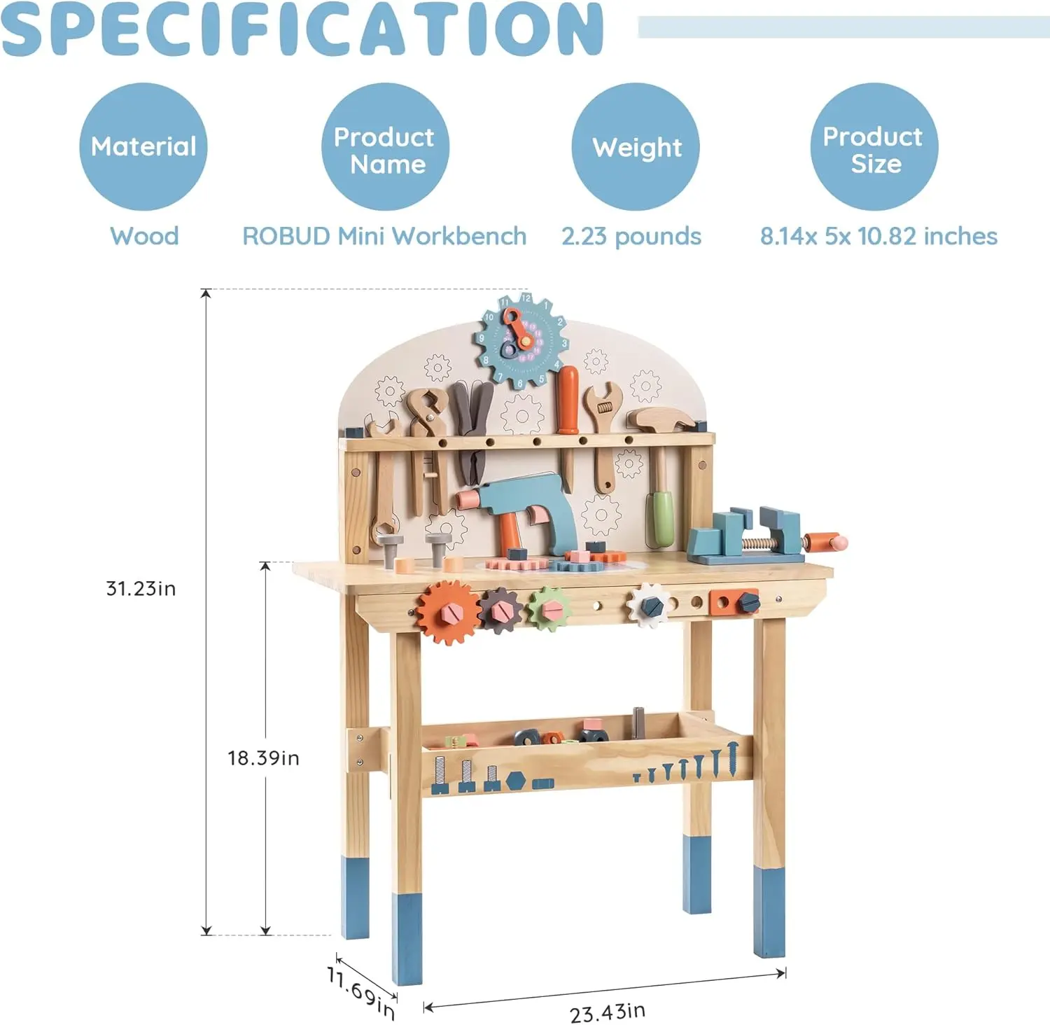 Robotime – ensemble de banc à outils pour enfants, grand banc de travail en bois, jouets de Construction, 41 pièces, ensemble d'outils pour garçons et filles de 3 ans et plus