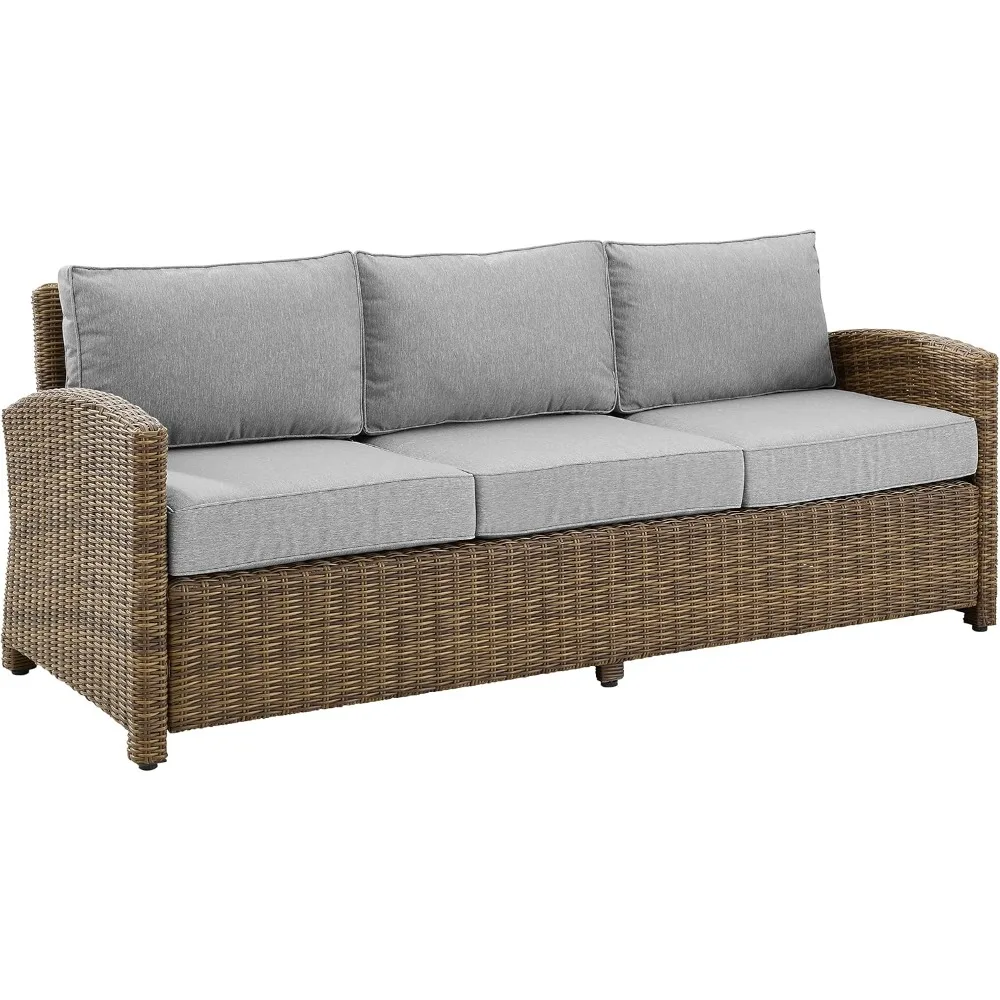 

Outdoor Sofa, 3-Person Patio Couch for Porch, Deck, Backyard, Brown with Gray Cushions