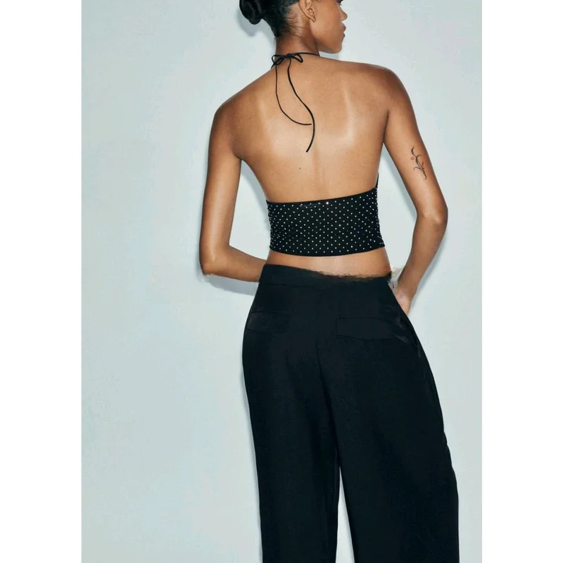 صيف جديد المرأة عقدة مربوط المياه الماس مزين شبكة حريرية V-ne Strapl Svel أعلى تخفيف Sle api...