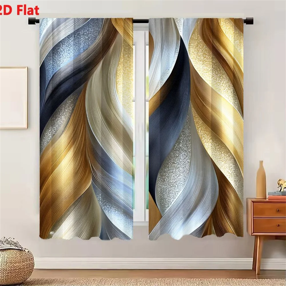 2Pcs Curtains Abstract Gold Silver Blue Liquid Metal Ribbon Art Print Modern Luxury Wall Decor Window Drapes for Bedroom Room De