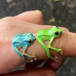 Cute Funny Green Blue Frog Animal Rings for Women Men Opening Resizable Enamel Statement Rings Girls Birthday Party Jewelry Gift