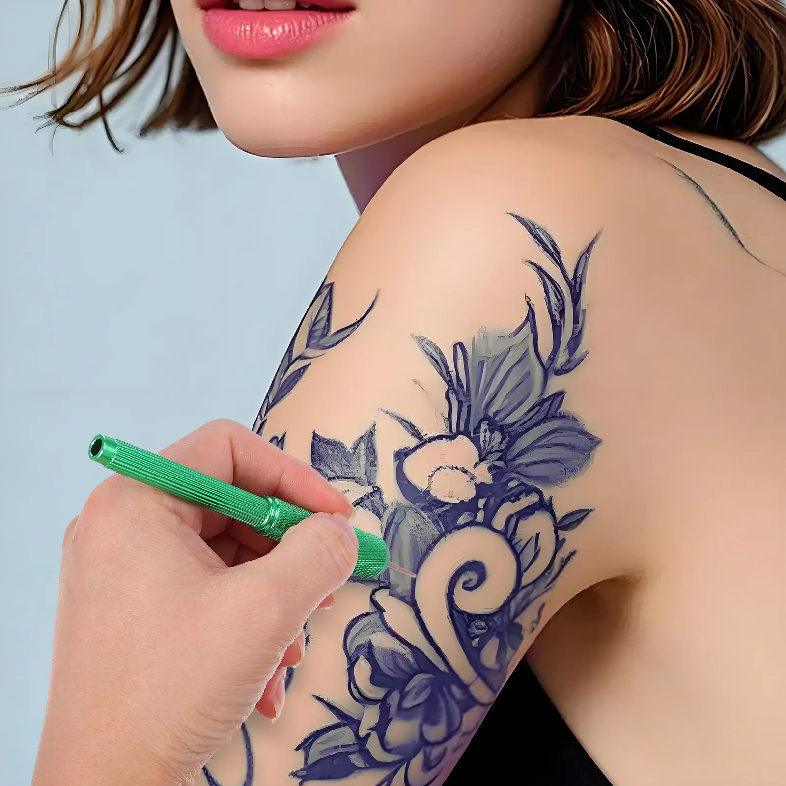 

Набор из 20 сменных насадок для тату-ручек, маркеров для кожи, инструментов для микроблейдинга и рисования, с тонкими наконечниками, зеленый держатель