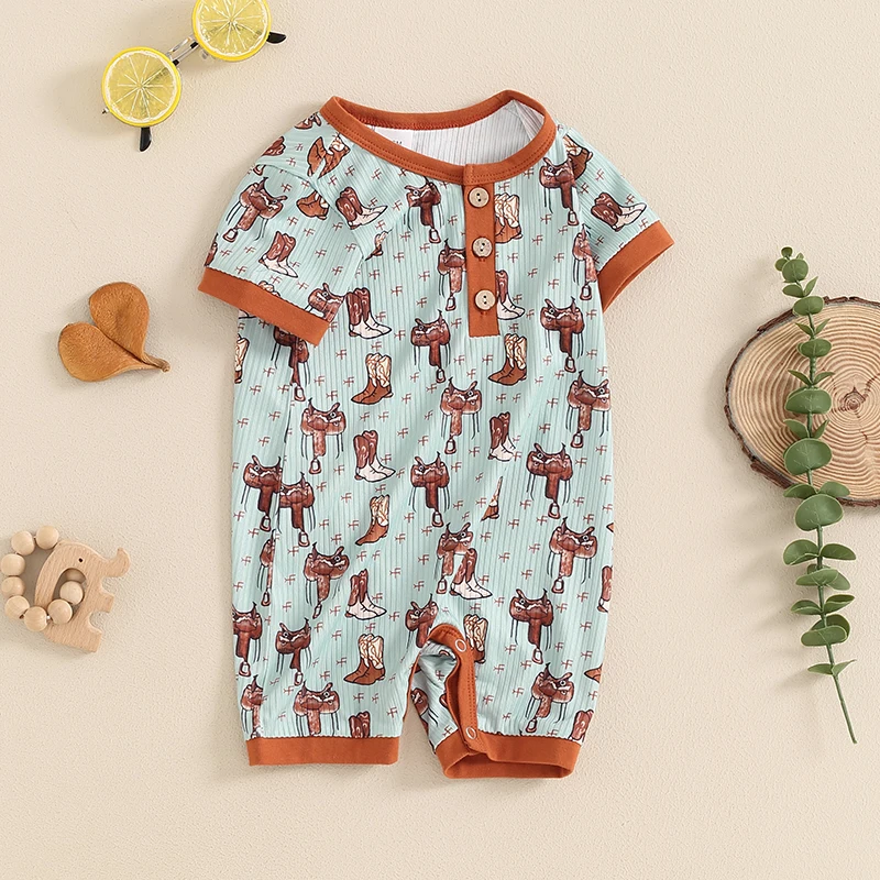 Baby Western Summer Romper Booties Animal Print Button Front Round Neck Short Sleeve Jumpsuit