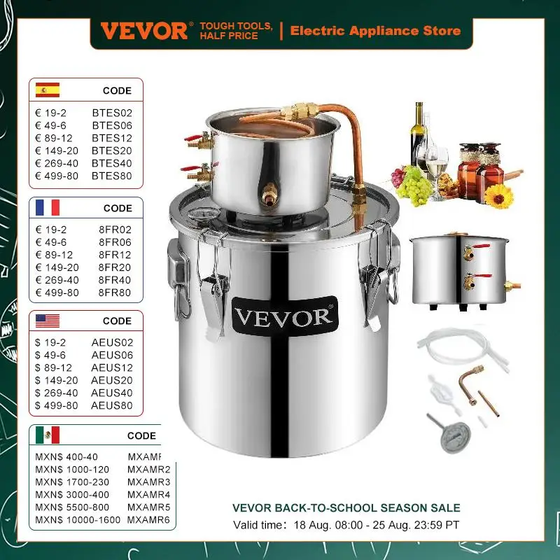 VEVOR-Aço Inoxidável Moonshine Still, Destilador De Álcool De Água, Tubo De Cobre, Home Brewing Kit, Termômetro Embutido, 9,6 Galões, 38L