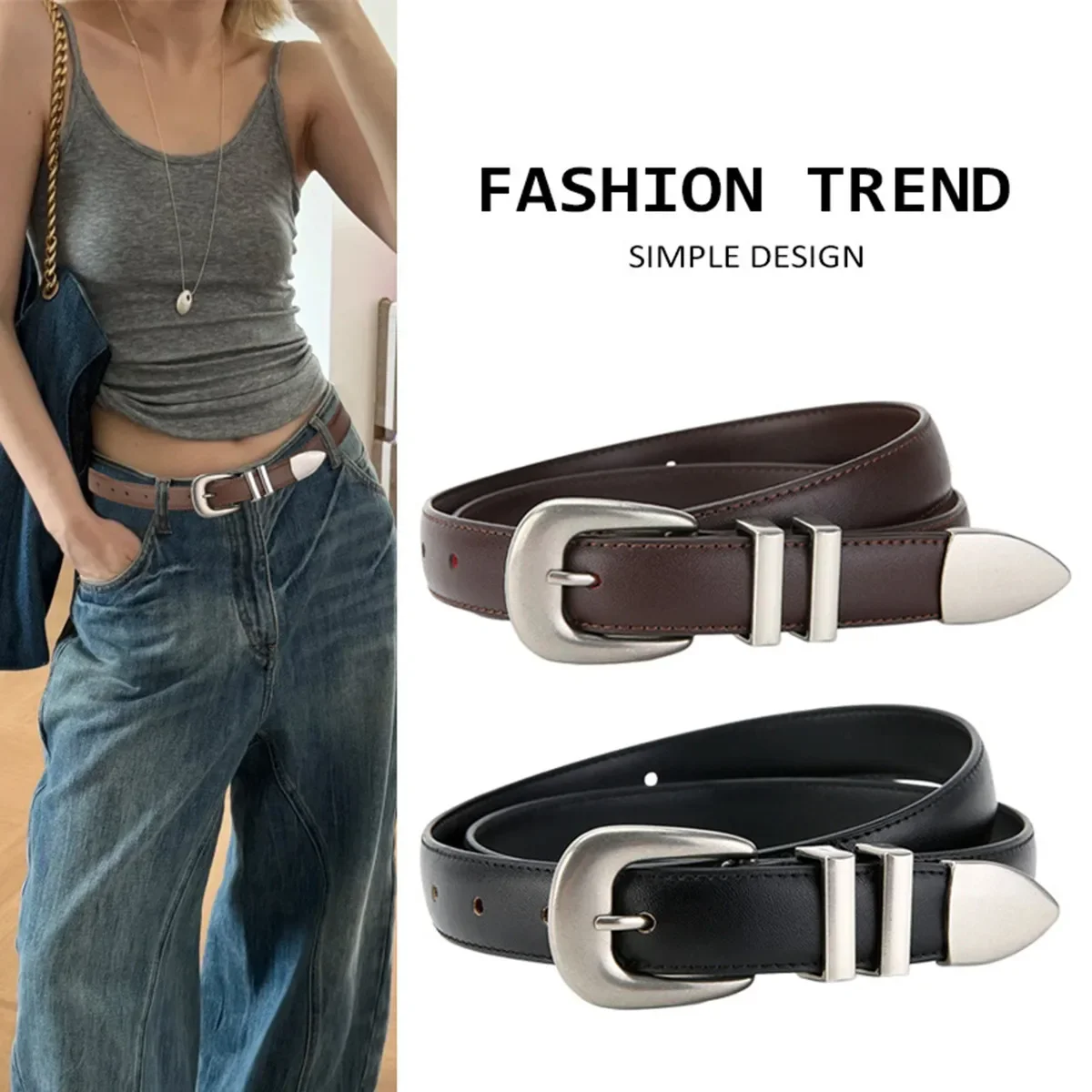 Unisex Vintage Echtleder-Gürtel aus Rindsleder mit Schwarz-Silberner Schnalle, Modisches Accessoire für Männer und Frauen, Geeignet für Jeans