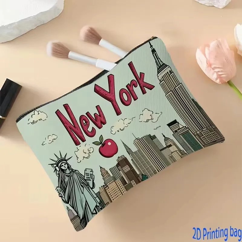 New York City Skyline Makeup Bag - Vintage Hand-Drawn Comic Suitable for Double-Sided Linen Travel Commute Short Trips, Bedroom