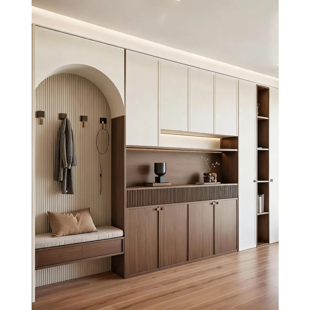 Modern Handless Shoe Cabinet with Arched Doors and Multi-level Storage, Natural Wood, Suitable for Entrance Areas