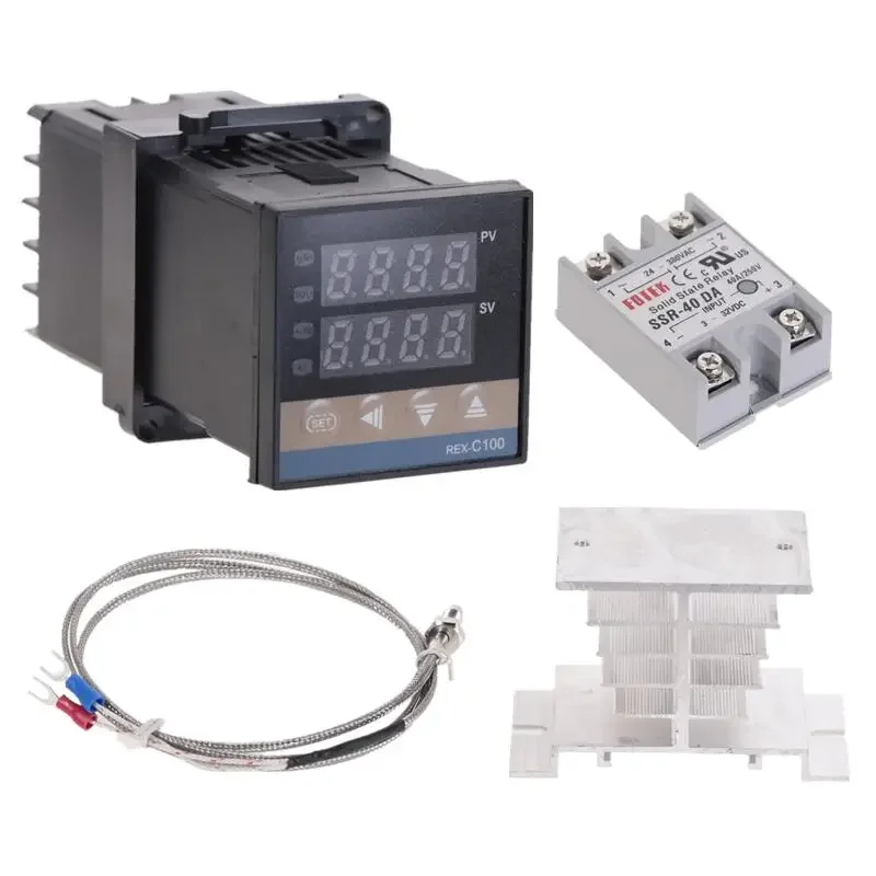 100-240VAC PID REX-C100 Temperature Controller Range 0 to 900C SSR40A K Thermocouple, PID Controller Set + Heat Sink