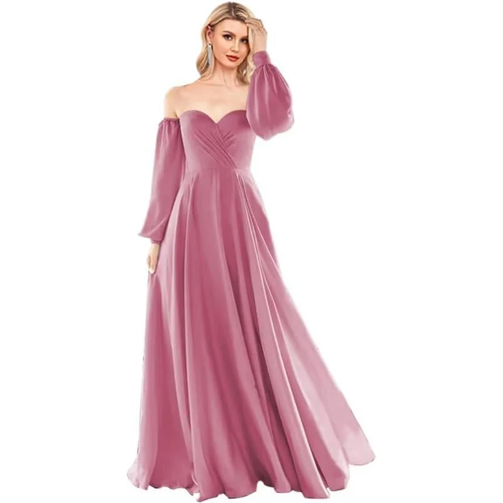 

Long Sleeve Bridesmaid Dresses for Wedding, Silk Satin, Off Shoulder, Prom Dresses, Sweetheart, Formal Maxi Dress