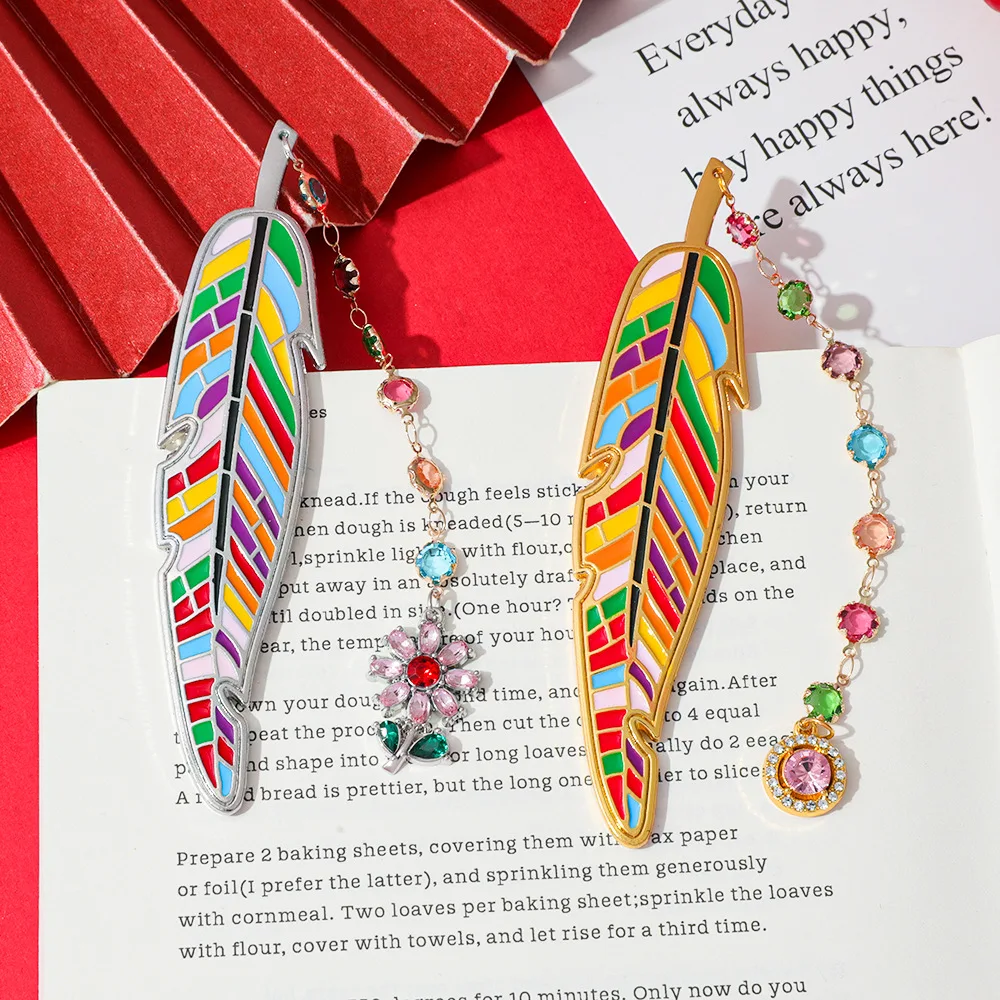 Creative Colorful Enamel Feather Metal Bookmark With Crystal Chain Pendant Page Holder Reading Accessories Stationery