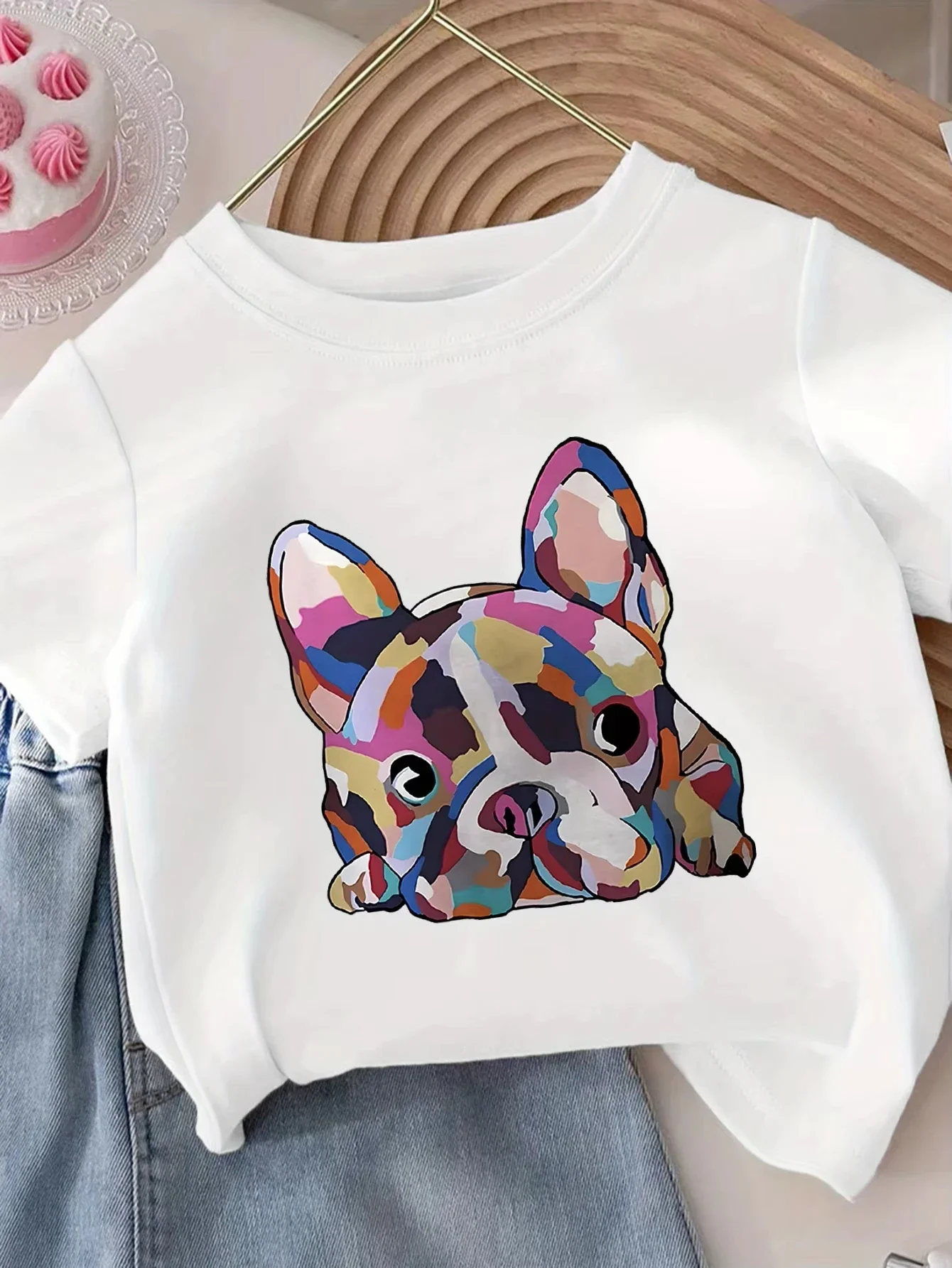Kids Short Sleeve T Shirt Colorful French Bulldog Portrait Graphic Print Crew Neck Summer Casual Children Fashion Top