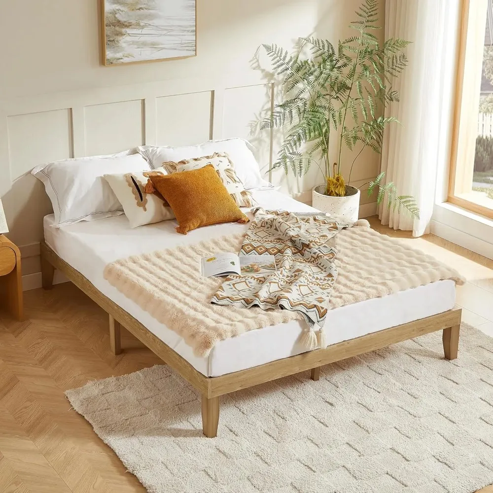 Queen Bed Frame 12 Inch Wooden Bedframe with Solid Wood Slat Support, Minimalist Queen-Size Wood Platform No Box Spring Needed,